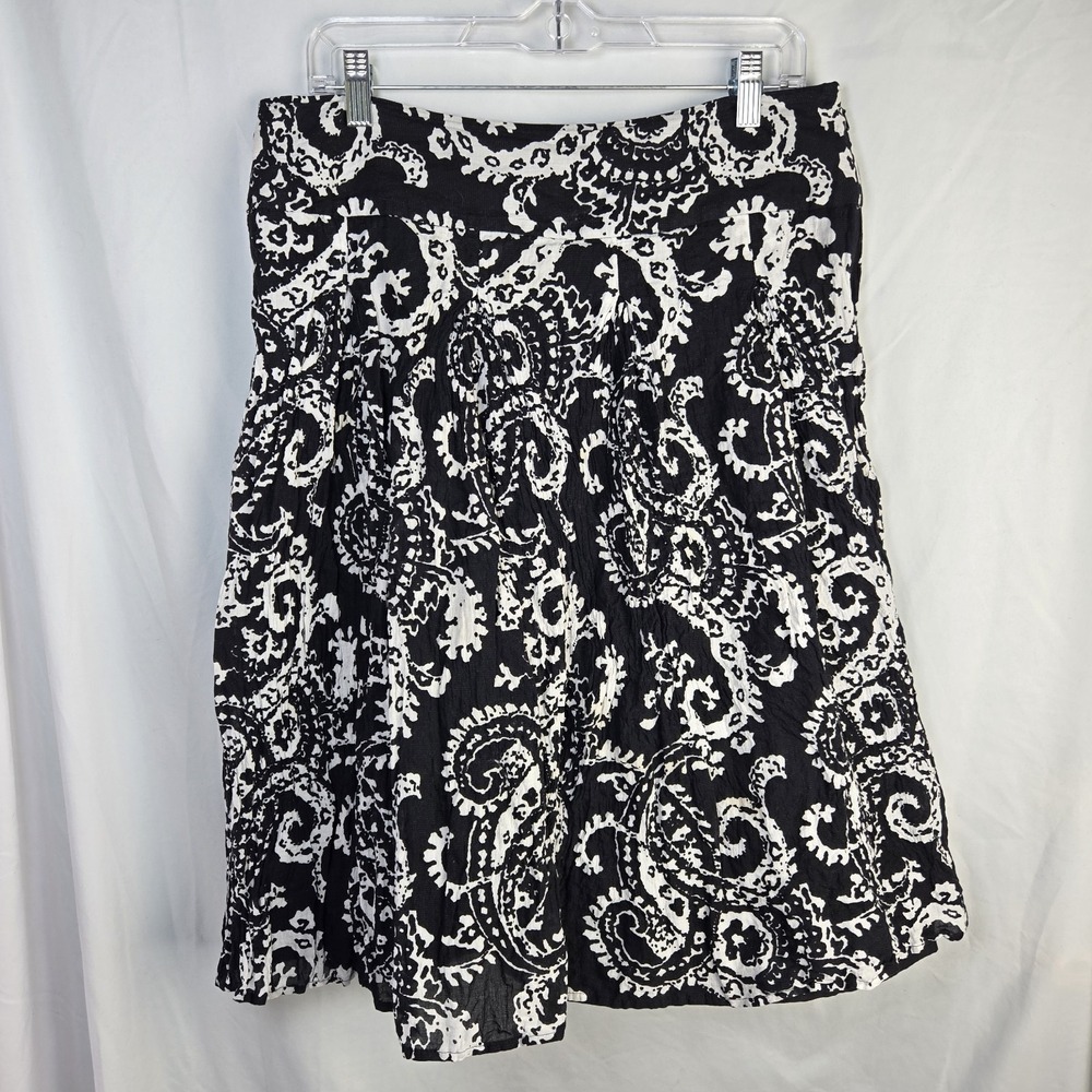Jones New York Collection Cotton Midi Skirt Womens 12 Black Paisley Metallic